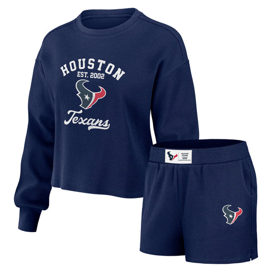 Women's WEAR by Erin Andrews Navy Houston Texans Waffle Knit Long Sleeve T-Shirt & Shorts Lounge Set