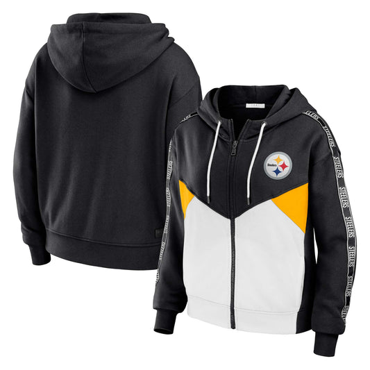 Women's WEAR by Erin Andrews Black/White Pittsburgh Steelers Plus Size Color Block Full-Zip Hoodie