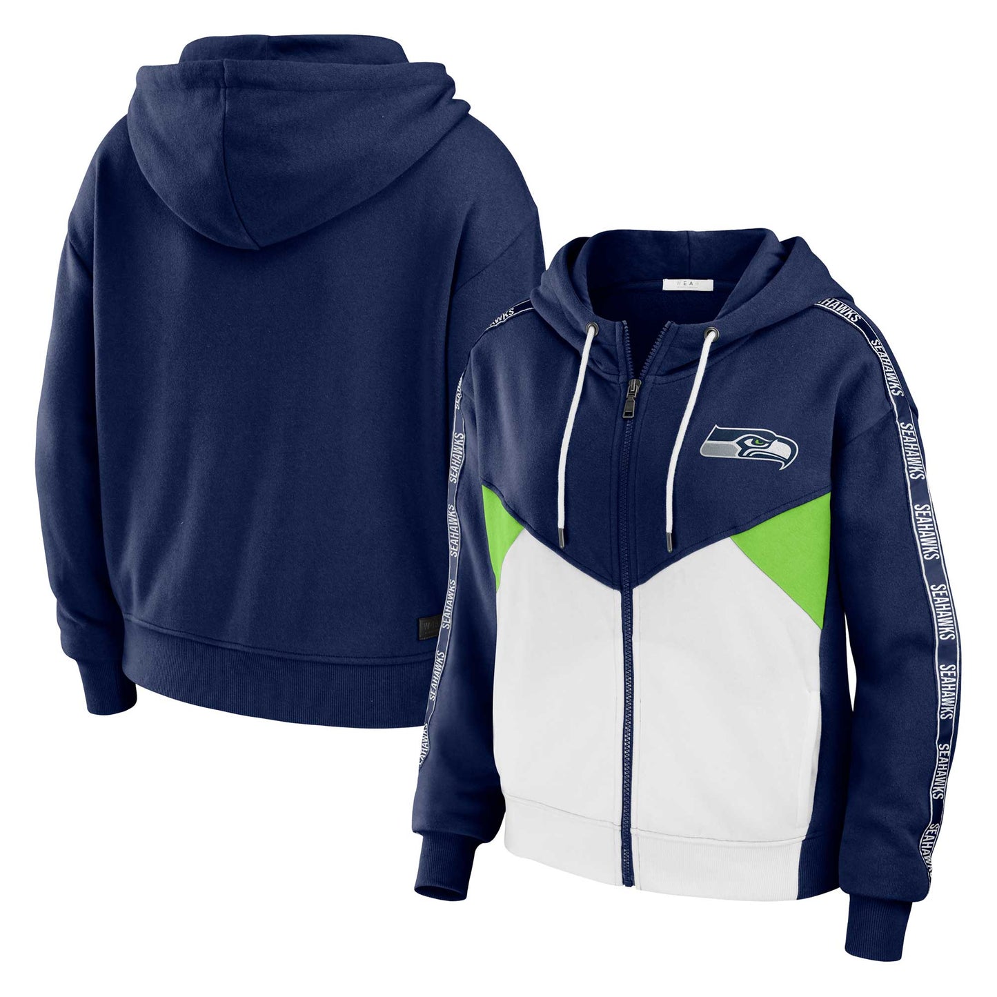 Women's WEAR by Erin Andrews Navy/White Seattle Seahawks Plus Size Color Block Full-Zip Hoodie