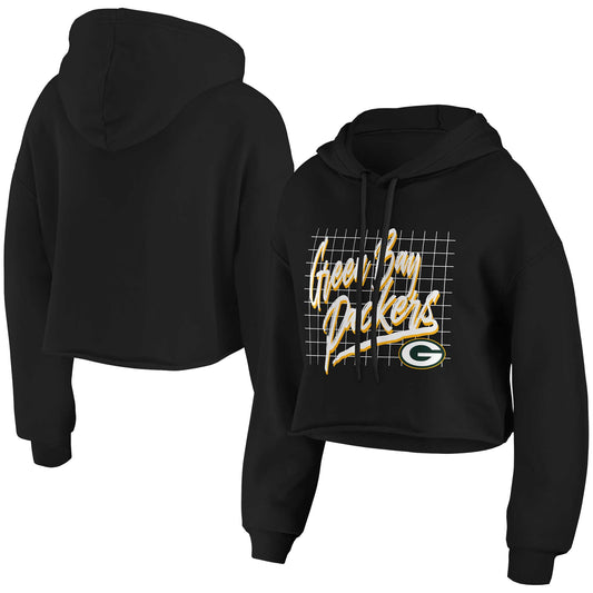 Women's WEAR by Erin Andrews Black Green Bay Packers Domestic Cropped Pullover Hoodie