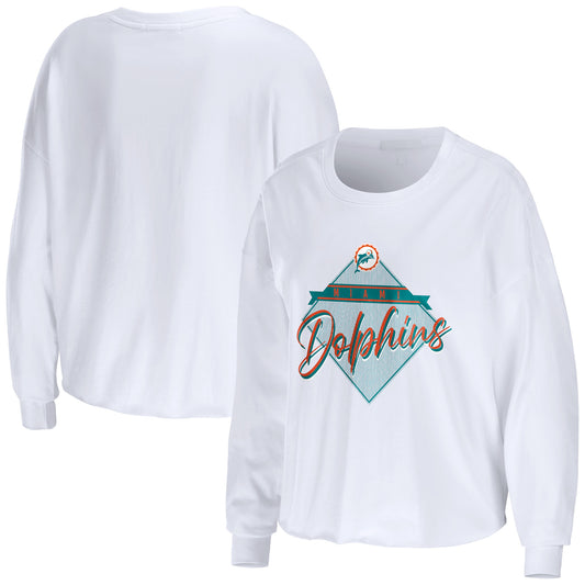 Women's WEAR by Erin Andrews White Miami Dolphins Domestic Cropped Long Sleeve T-Shirt