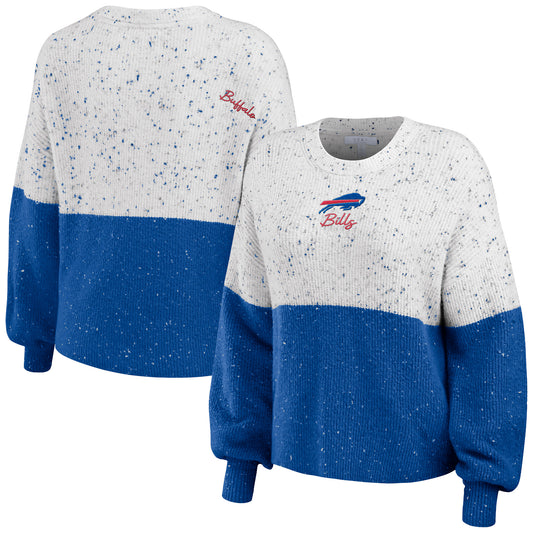 Women's WEAR by Erin Andrews  White/Royal Buffalo Bills Lighweight Modest Crop Color-Block Pullover Sweater