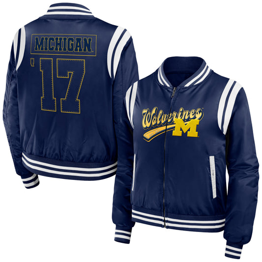 Women's WEAR by Erin Andrews Navy Michigan Wolverines Football Bomber Full-Zip Jacket