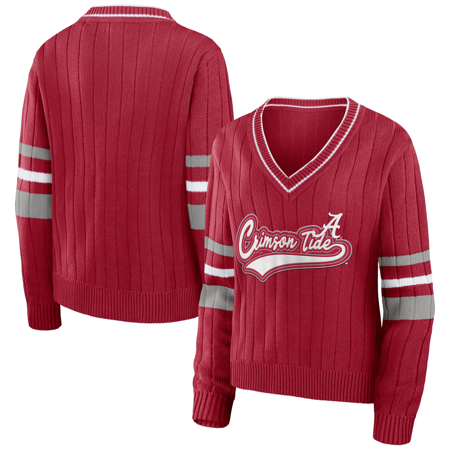 Women's WEAR by Erin Andrews Crimson Alabama Crimson Tide Script Sleeve Stripe V-Neck Pullover Sweater