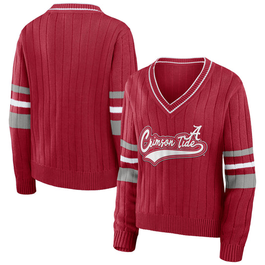 Women's WEAR by Erin Andrews Crimson Alabama Crimson Tide Script Sleeve Stripe V-Neck Pullover Sweater