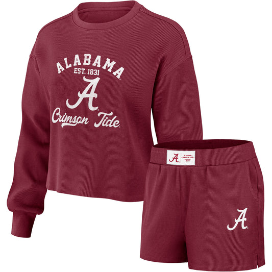 Women's WEAR by Erin Andrews Crimson Alabama Crimson Tide Waffle Knit Long Sleeve T-Shirt & Shorts Lounge Set