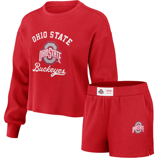 Women's WEAR by Erin Andrews Scarlet Ohio State Buckeyes Waffle Knit Long Sleeve T-Shirt & Shorts Lounge Set