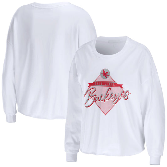 Women's WEAR by Erin Andrews White Ohio State Buckeyes Diamond Long Sleeve Cropped T-Shirt