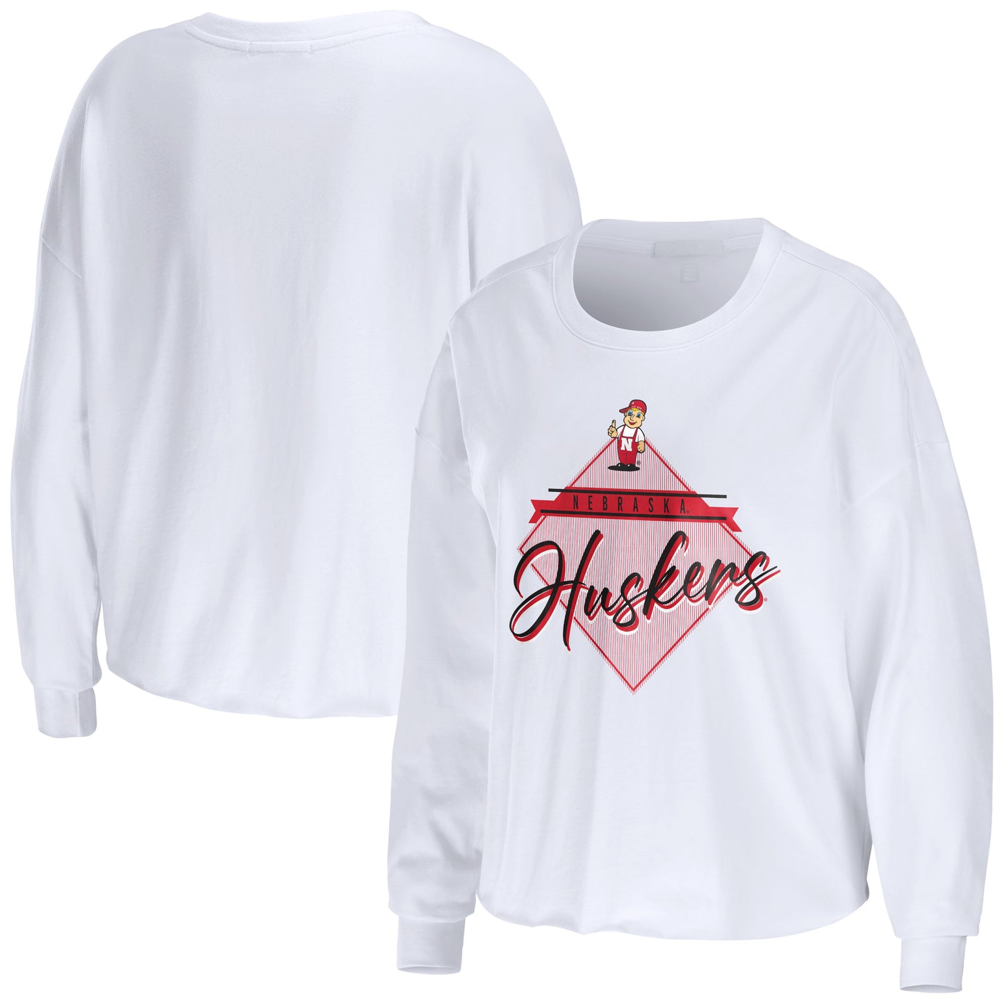 Women's WEAR by Erin Andrews White Nebraska Huskers Diamond Long Sleeve Cropped T-Shirt