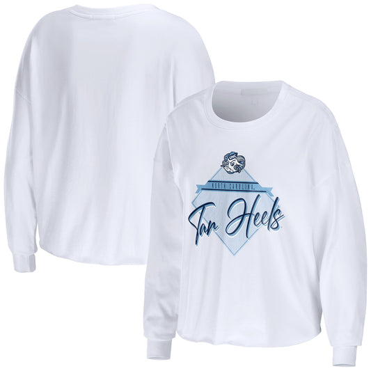 Women's WEAR by Erin Andrews White North Carolina Tar Heels Diamond Long Sleeve Cropped T-Shirt