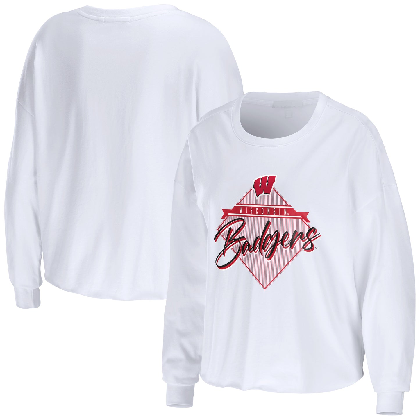 Women's WEAR by Erin Andrews White Wisconsin Badgers Diamond Long Sleeve Cropped T-Shirt