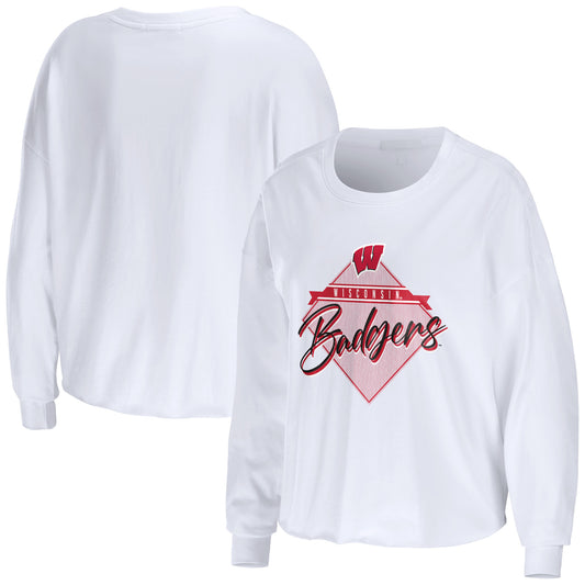 Women's WEAR by Erin Andrews White Wisconsin Badgers Diamond Long Sleeve Cropped T-Shirt