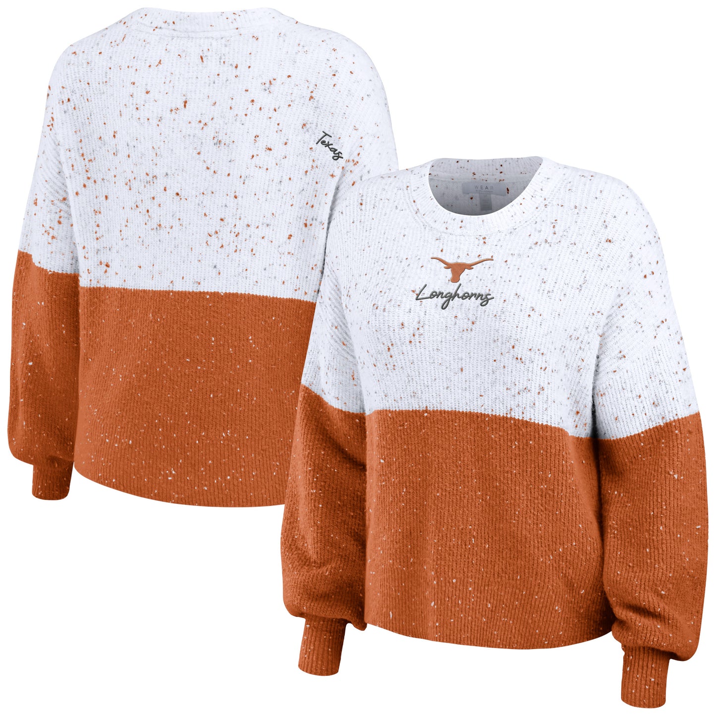 Women's WEAR by Erin Andrews White/Orange Texas Longhorns Colorblock Script Pullover Sweater