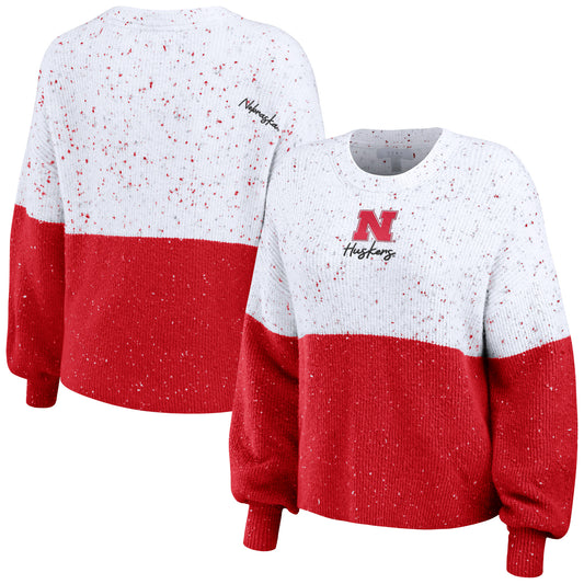 Women's WEAR by Erin Andrews White/Scarlet Nebraska Huskers Colorblock Script Pullover Sweater