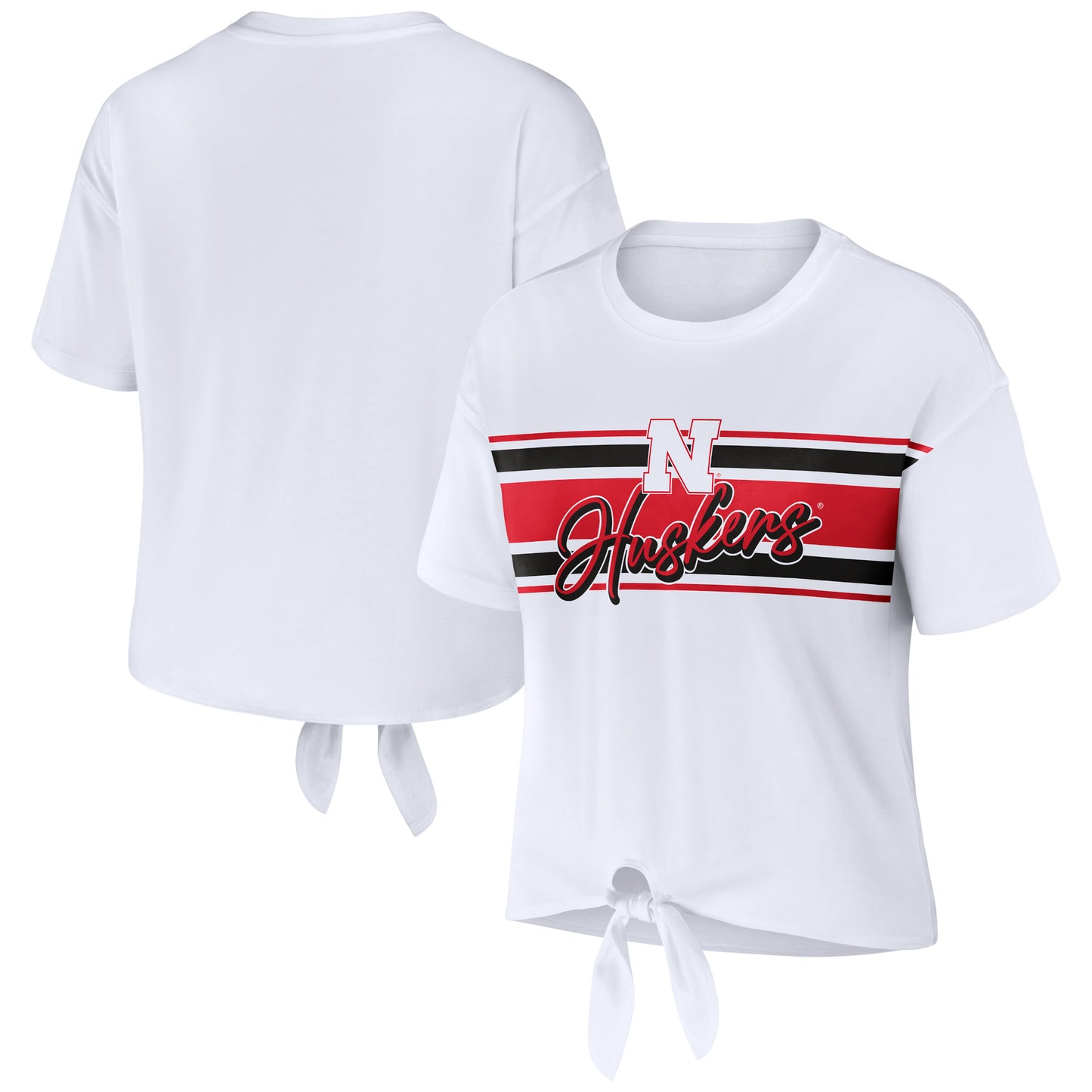 Women's WEAR by Erin Andrews White Nebraska Huskers Striped Front Knot Cropped T-Shirt