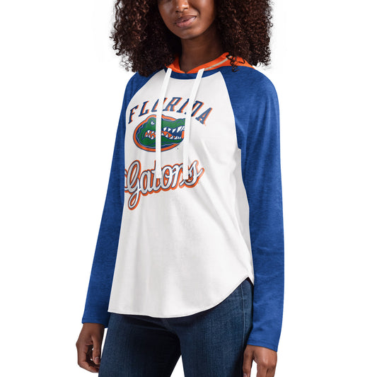 Women's G-III 4Her by Carl Banks White/Royal Florida Gators From the Sideline Raglan Long Sleeve Hoodie T-Shirt