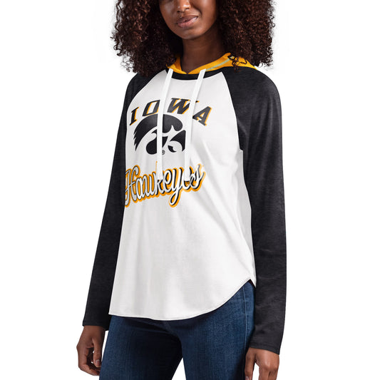 Women's G-III 4Her by Carl Banks White/Black Iowa Hawkeyes From the Sideline Raglan Long Sleeve Hoodie T-Shirt