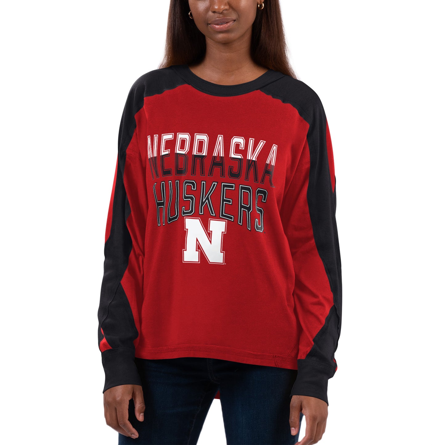 Women's G-III 4Her by Carl Banks Ash/Scarlet Nebraska Huskers Smash Oversized Long Sleeve T-Shirt