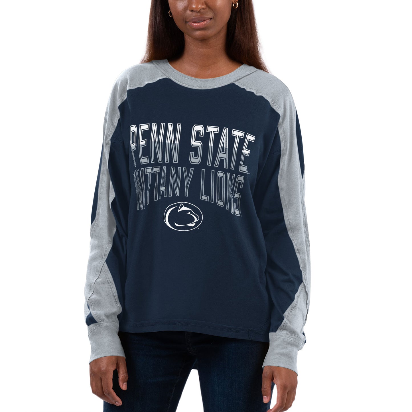 Women's G-III 4Her by Carl Banks Navy/Gray Penn State Nittany Lions Smash Oversized Long Sleeve T-Shirt