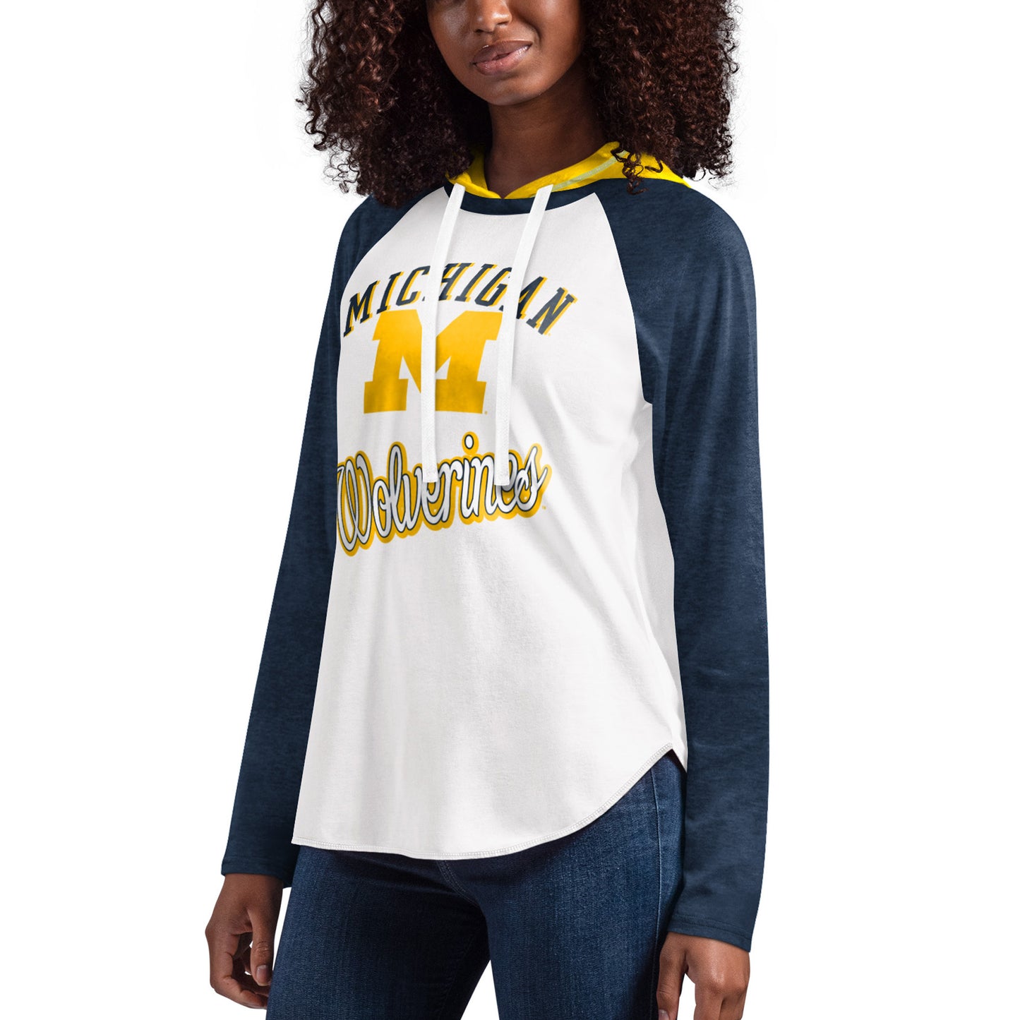 Women's G-III 4Her by Carl Banks White/Navy Michigan Wolverines From the Sideline Raglan Long Sleeve Hoodie T-Shirt