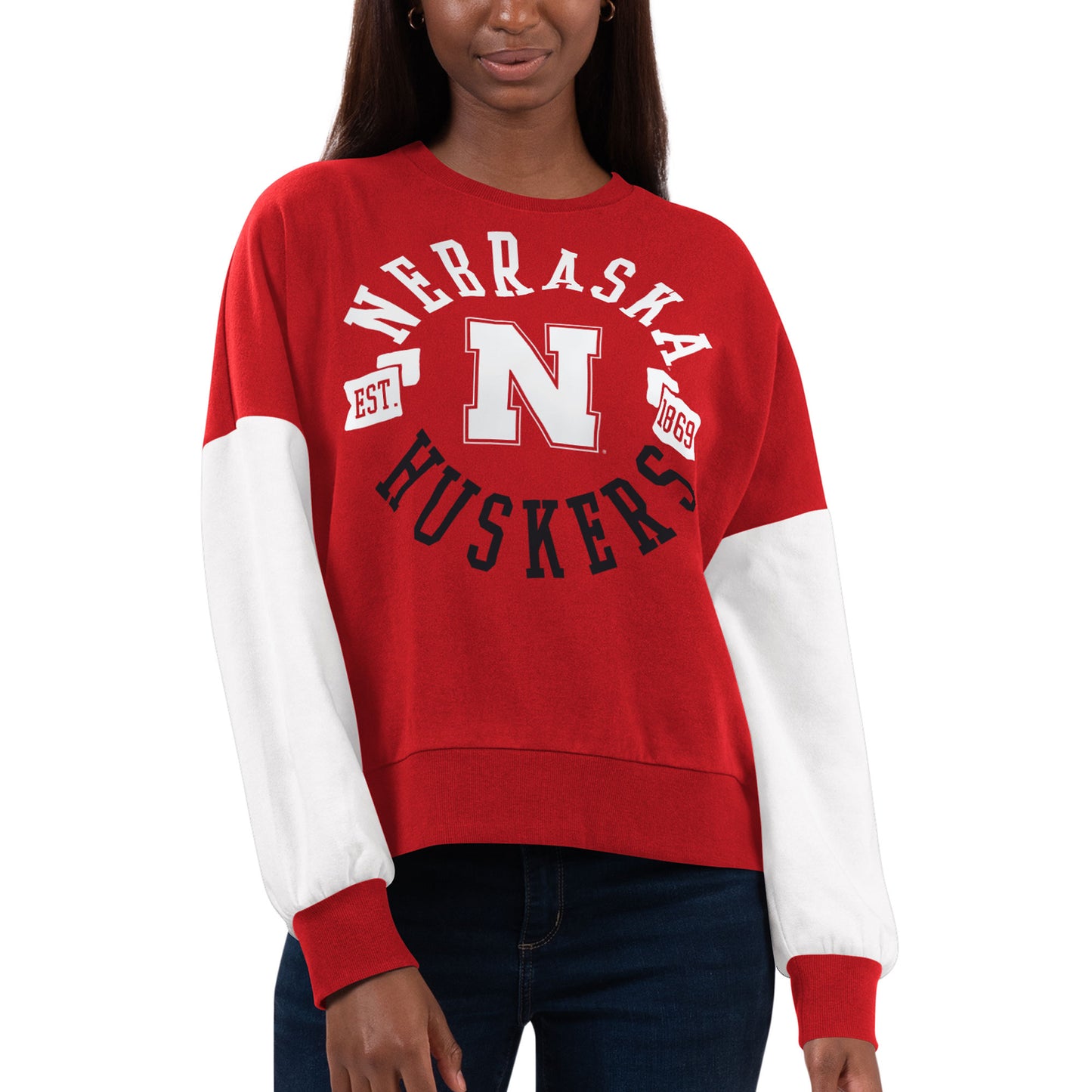 Women's G-III 4Her by Carl Banks Scarlet/White Nebraska Huskers Team Pride Colorblock Pullover Sweatshirt