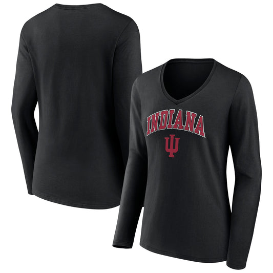 Women's Fanatics Black Indiana Hoosiers Evergreen Campus Long Sleeve V-Neck T-Shirt