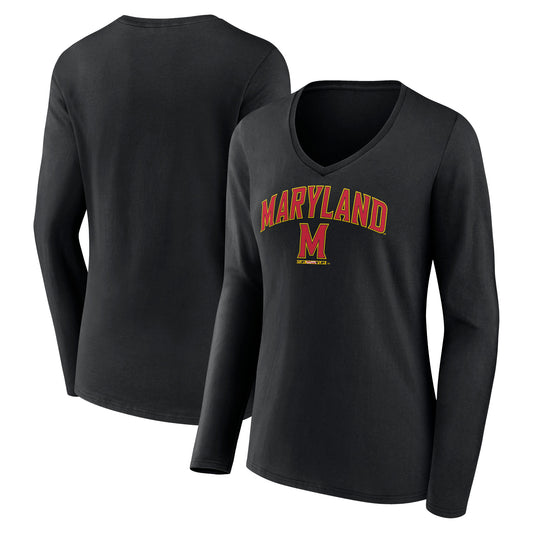 Women's Fanatics Black Maryland Terrapins Evergreen Campus Long Sleeve V-Neck T-Shirt