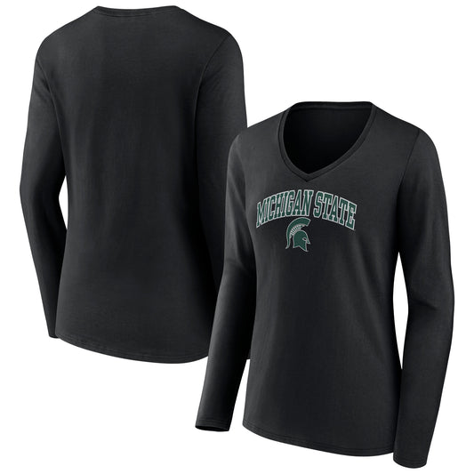 Women's Fanatics Black Michigan State Spartans Evergreen Campus Long Sleeve V-Neck T-Shirt