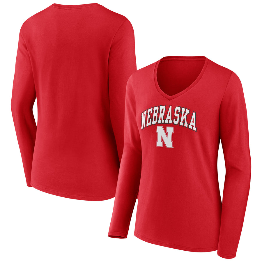 Women's Fanatics Scarlet Nebraska Huskers Evergreen Campus Long Sleeve V-Neck T-Shirt