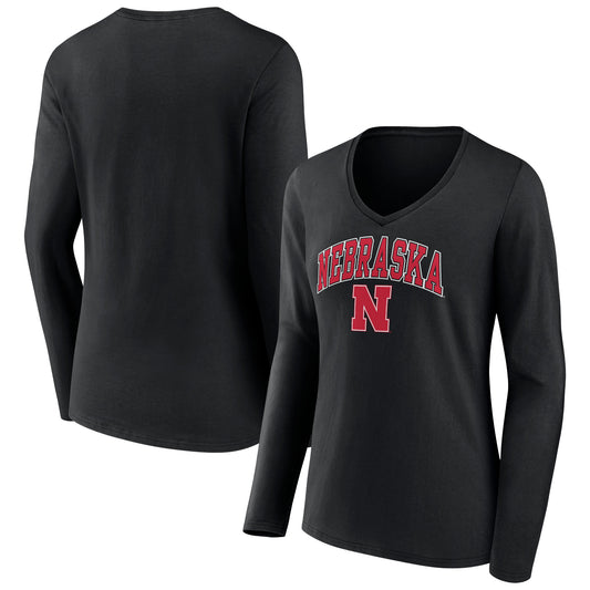 Women's Fanatics Black Nebraska Huskers Evergreen Campus Long Sleeve V-Neck T-Shirt