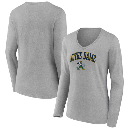 Women's Fanatics Heather Gray Notre Dame Fighting Irish Evergreen Campus Long Sleeve V-Neck T-Shirt