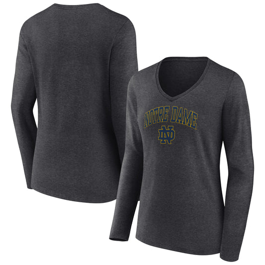 Women's Fanatics Heather Charcoal Notre Dame Fighting Irish Evergreen Campus Long Sleeve V-Neck T-Shirt