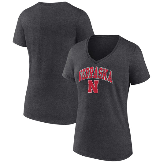 Women's Fanatics Heather Charcoal Nebraska Huskers Evergreen Campus V-Neck T-Shirt