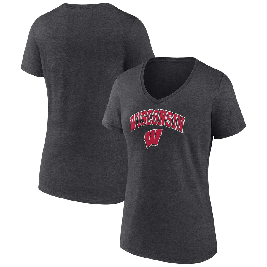Women's Fanatics Heather Charcoal Wisconsin Badgers Evergreen Campus V-Neck T-Shirt