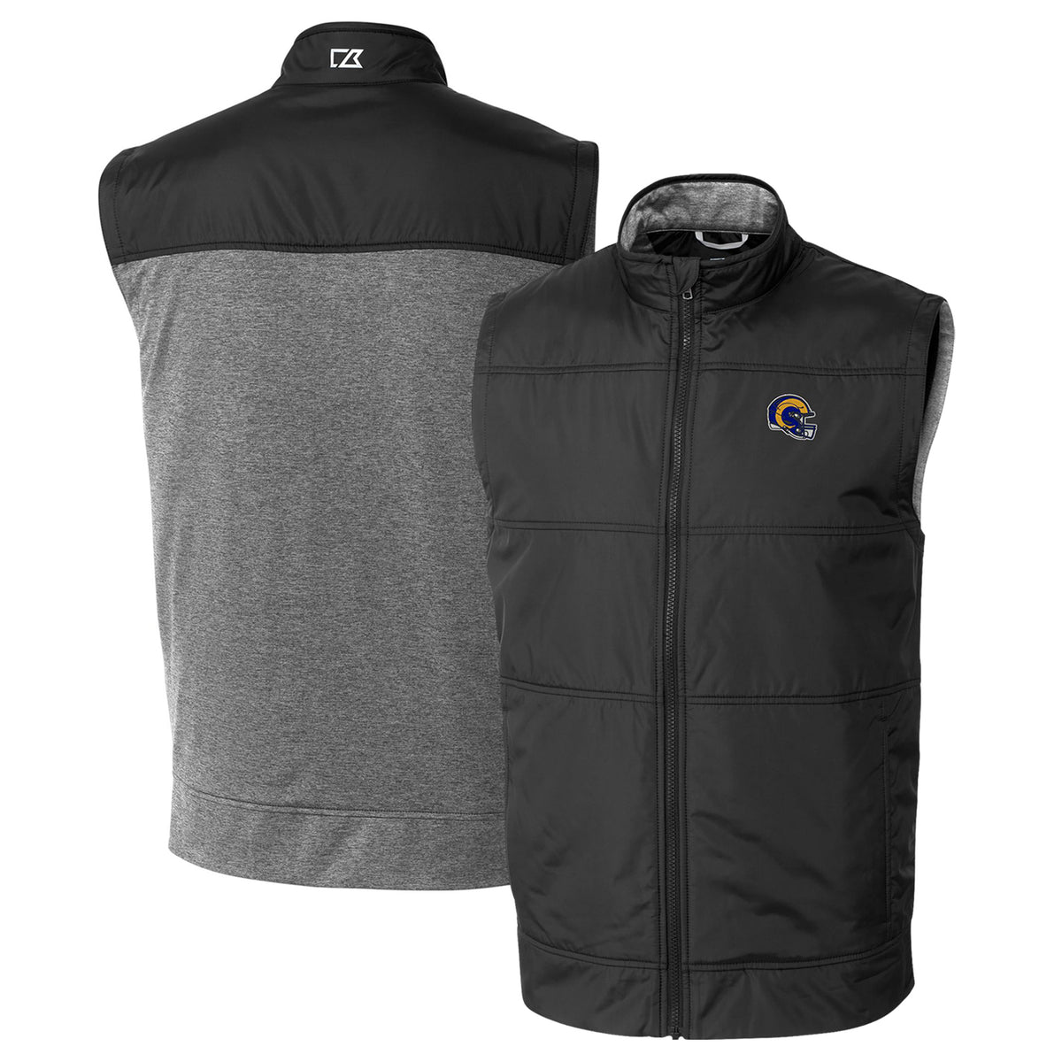Men's Cutter & Buck  Black Los Angeles Rams Helmet Stealth Hybrid Quilted Windbreaker Full-Zip Vest