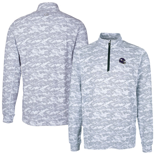 Men's Cutter & Buck  Charcoal Minnesota Vikings Helmet Traverse Camo Print Stretch Quarter-Zip Pullover Top