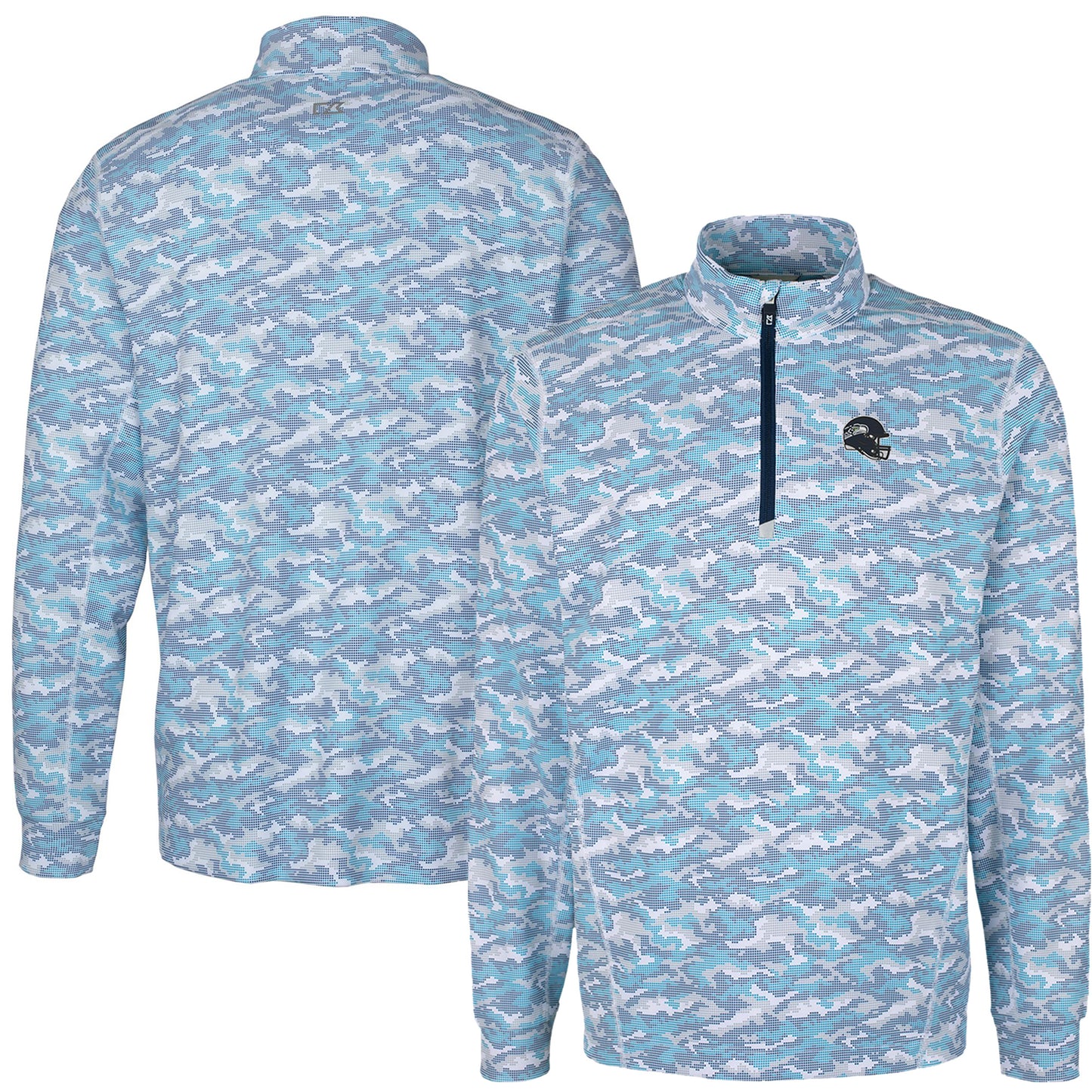 Men's Cutter & Buck  Light Blue Seattle Seahawks Helmet Traverse Camo Print Stretch Quarter-Zip Pullover Top