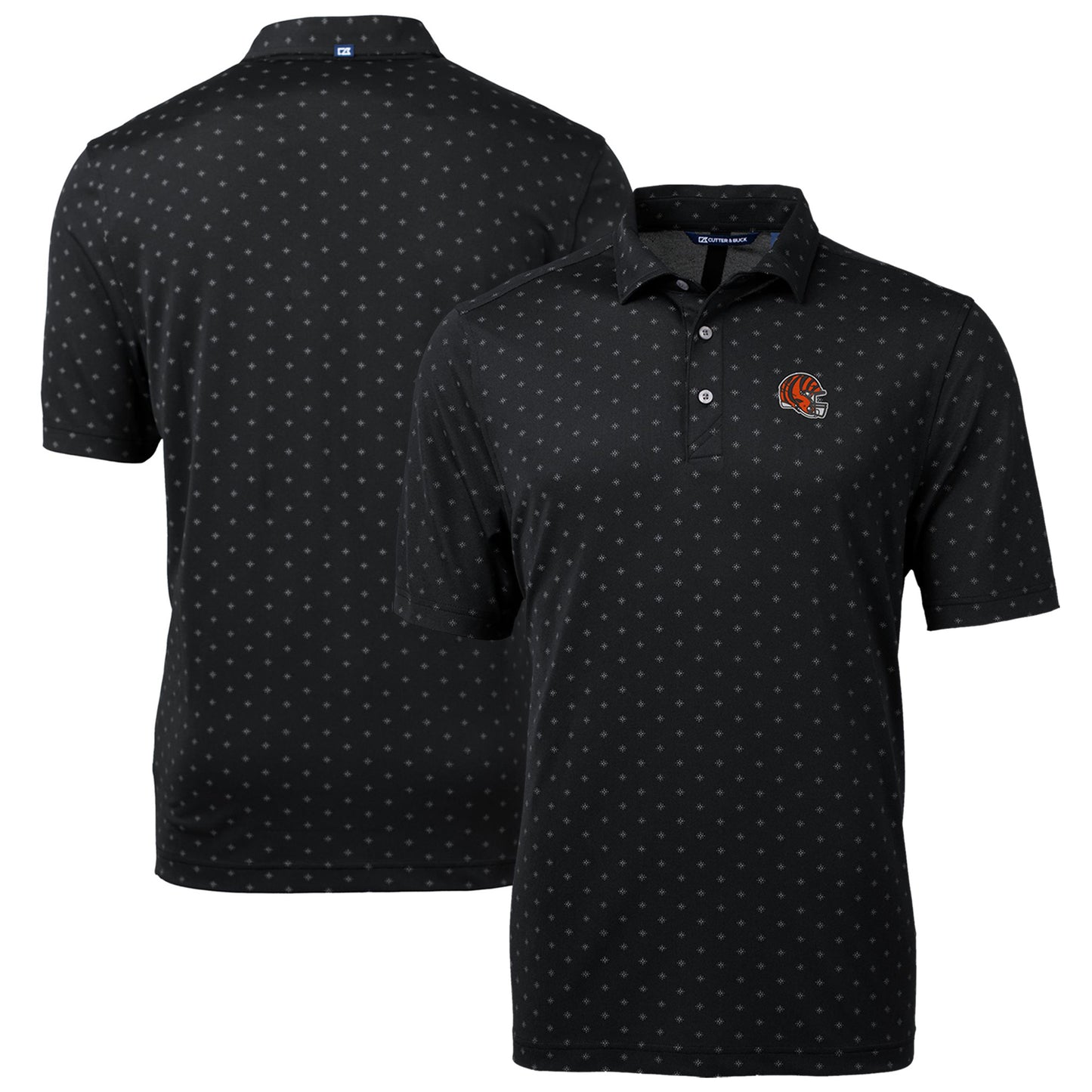 Men's Cutter & Buck  Black Cincinnati Bengals Helmet Virtue Eco Pique Tile Print Recycled Polo