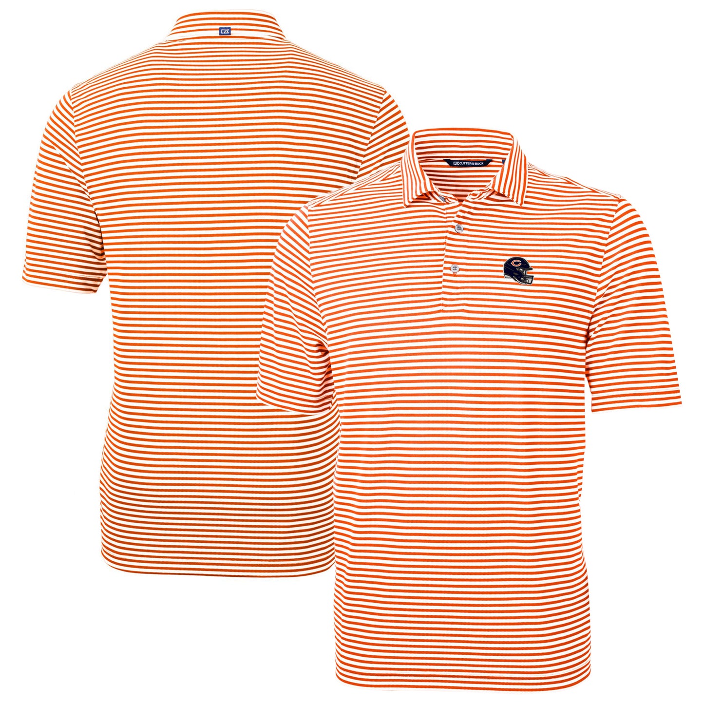 Men's Cutter & Buck  Orange Chicago Bears Helmet Virtue Eco Pique Stripe Recycled Polo