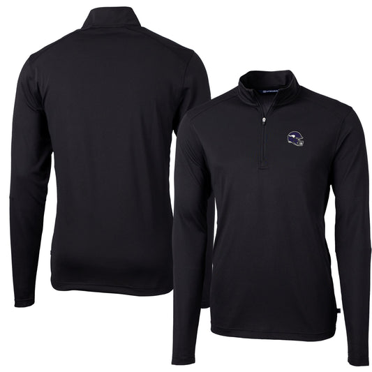 Men's Cutter & Buck  Black Minnesota Vikings Helmet Virtue Eco Pique Recycled Quarter-Zip Pullover Top