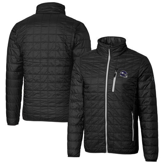 Men's Cutter & Buck  Black Minnesota Vikings Helmet Rainier PrimaLoft Eco Insulated Full-Zip Puffer Jacket