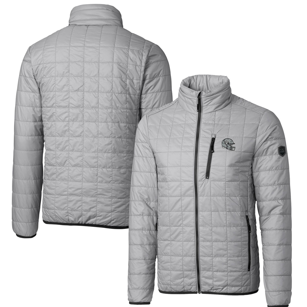 Men's Cutter & Buck  Silver Las Vegas Raiders Helmet Rainier PrimaLoft Eco Insulated Full-Zip Puffer Jacket