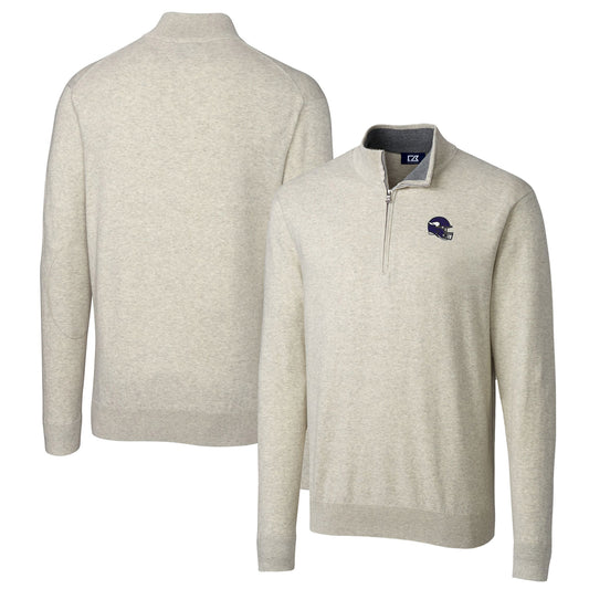 Men's Cutter & Buck  Oatmeal Minnesota Vikings Helmet Lakemont Tri-Blend Quarter-Zip Pullover Sweater