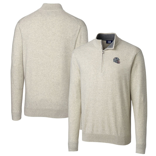 Men's Cutter & Buck  Oatmeal New England Patriots Helmet Lakemont Tri-Blend Quarter-Zip Pullover Sweater