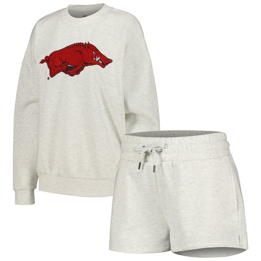 Women's Gameday Couture Ash Arkansas Razorbacks Team Effort Pullover Sweatshirt & Shorts Sleep Set