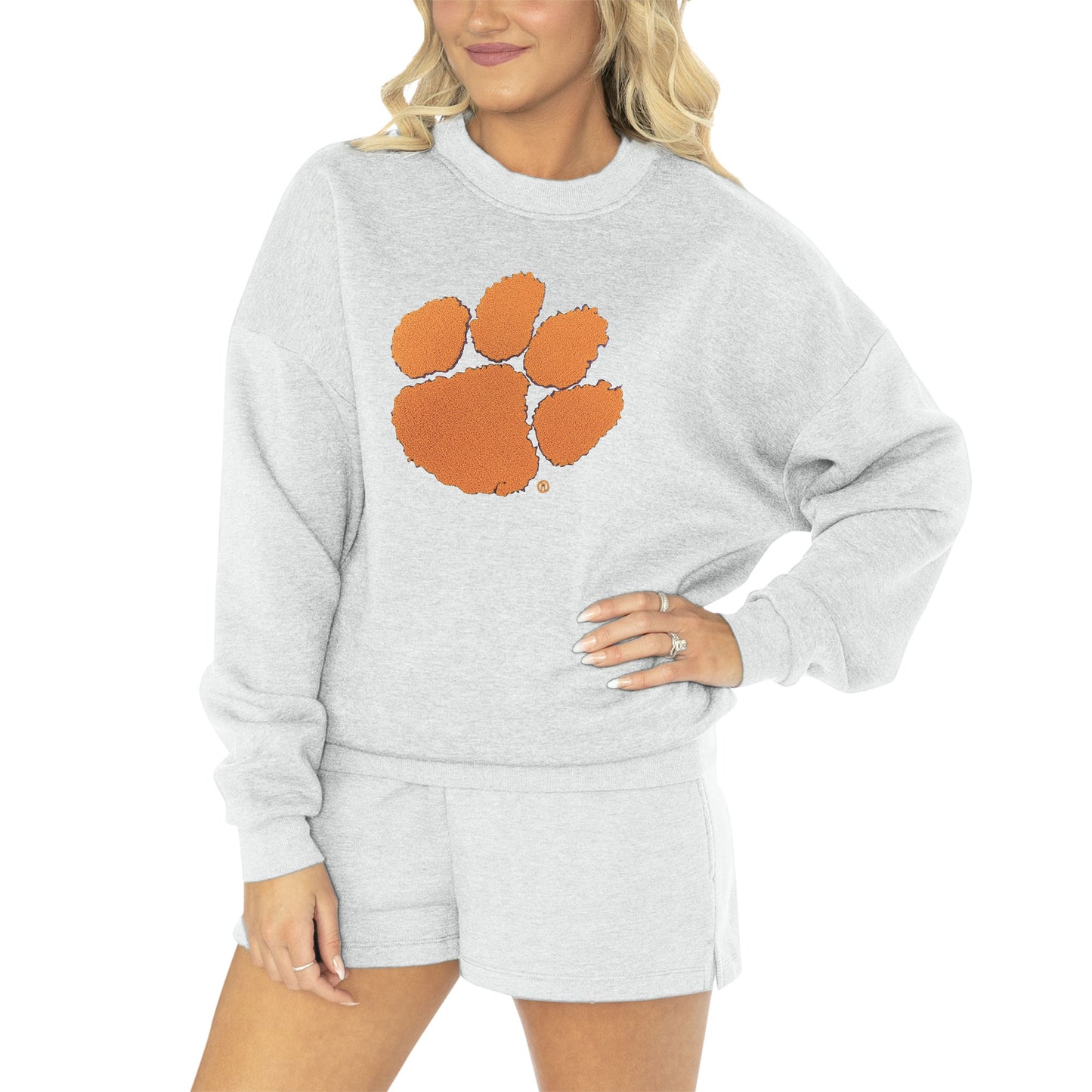 Women's Gameday Couture Ash Clemson Tigers Team Effort Pullover Sweatshirt & Shorts Sleep Set