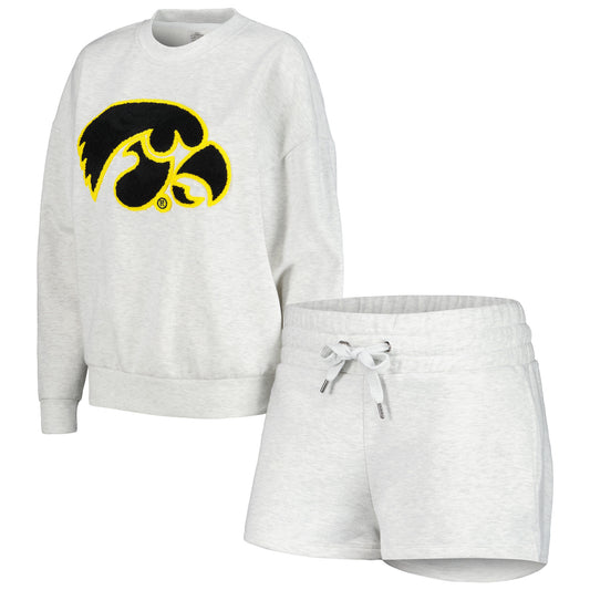 Women's Gameday Couture Ash Iowa Hawkeyes Team Effort Pullover Sweatshirt & Shorts Sleep Set