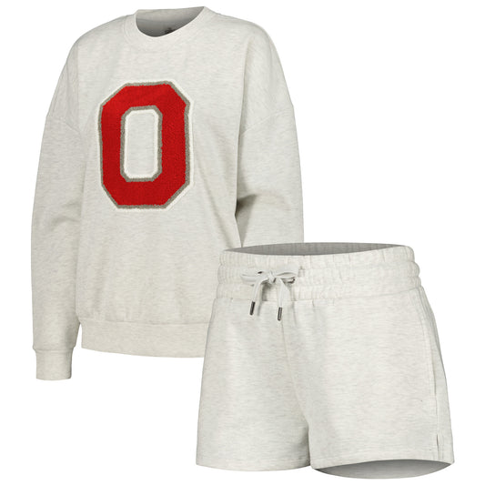 Women's Gameday Couture Ash Ohio State Buckeyes Team Effort Pullover Sweatshirt & Shorts Sleep Set