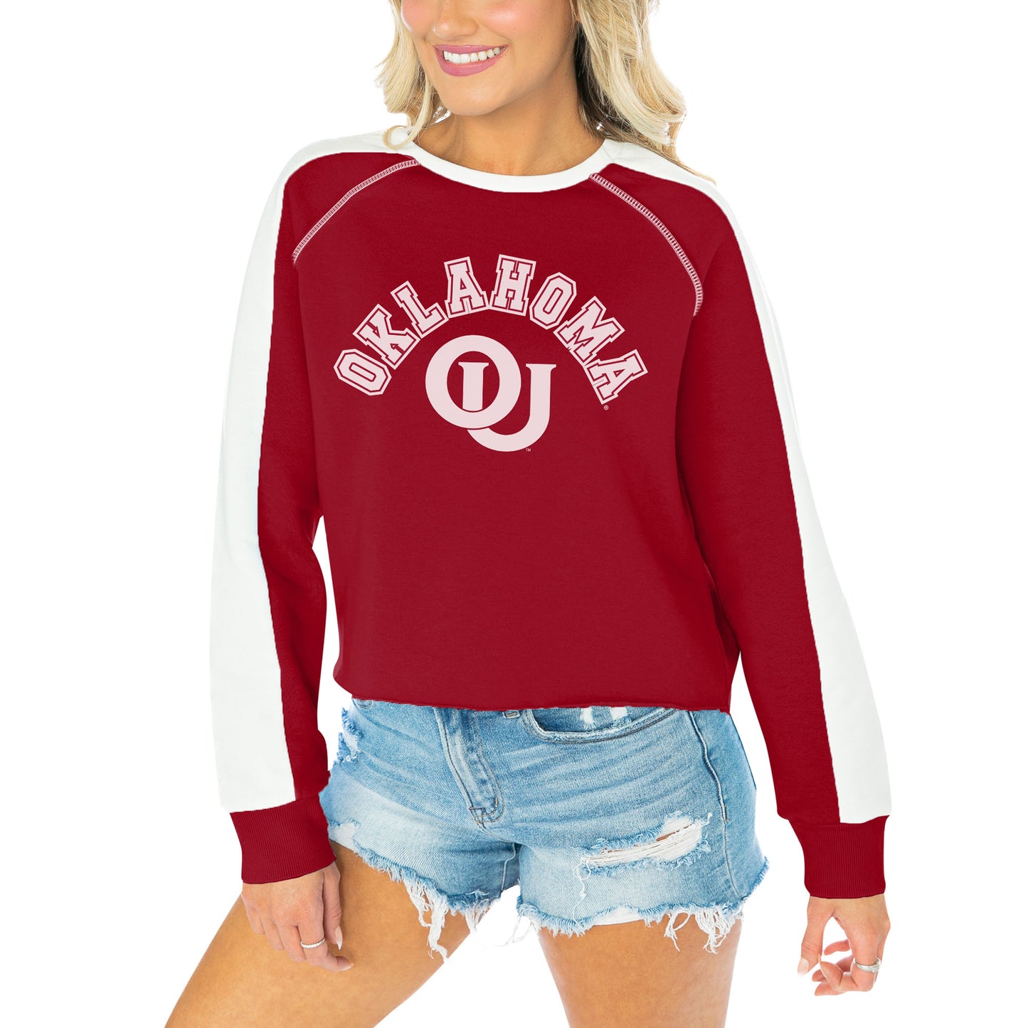 Women's Gameday Couture Crimson Oklahoma Sooners Blindside Raglan Cropped Pullover Sweatshirt