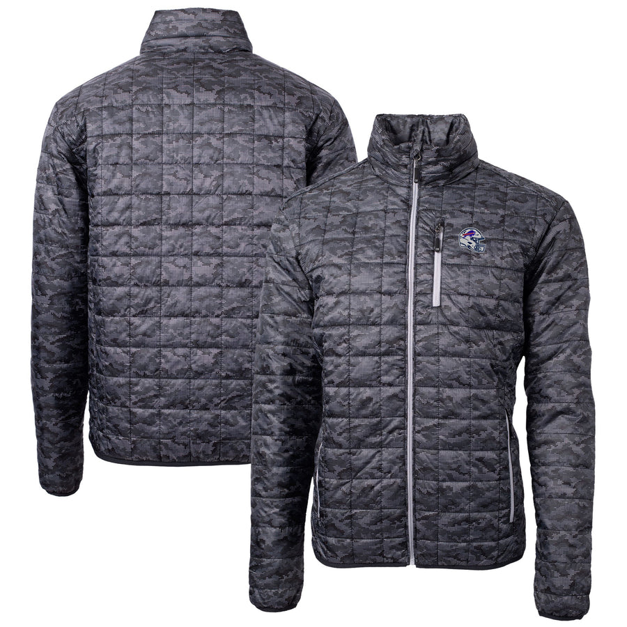 Men's Cutter & Buck  Black Buffalo Bills Helmet Rainier PrimaLoft Eco Insulated Printed Full-Zip Puffer Jacket